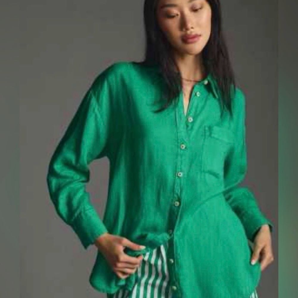 Maeve by Anthropologie Button-Up Linen Shirt Kelly Green size Medium